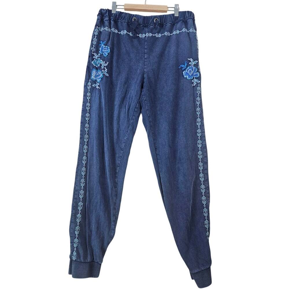 Sundance Faded Fields Embroidered Jogger Pants Blue Stretch Cotton Medium